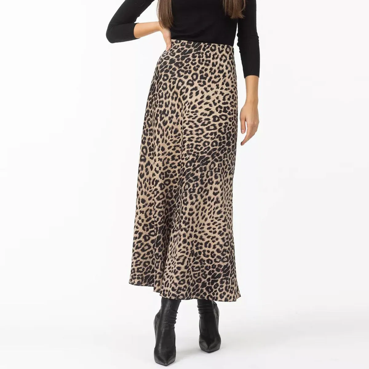 Girlary-shop outfit ideas Satin Skirt Sexy Leopard Print Maxi Skirt High Waist Elastic Silky Maxi Skirt