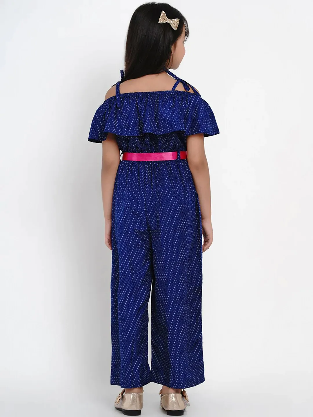 Girl's Blue Self Design Basic Jumpsuit  - NOZ2TOZ KIDS