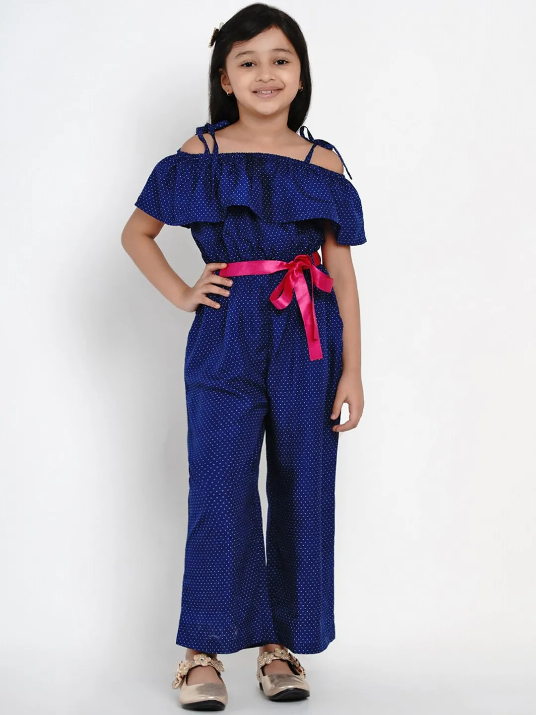 Girl's Blue Self Design Basic Jumpsuit  - NOZ2TOZ KIDS