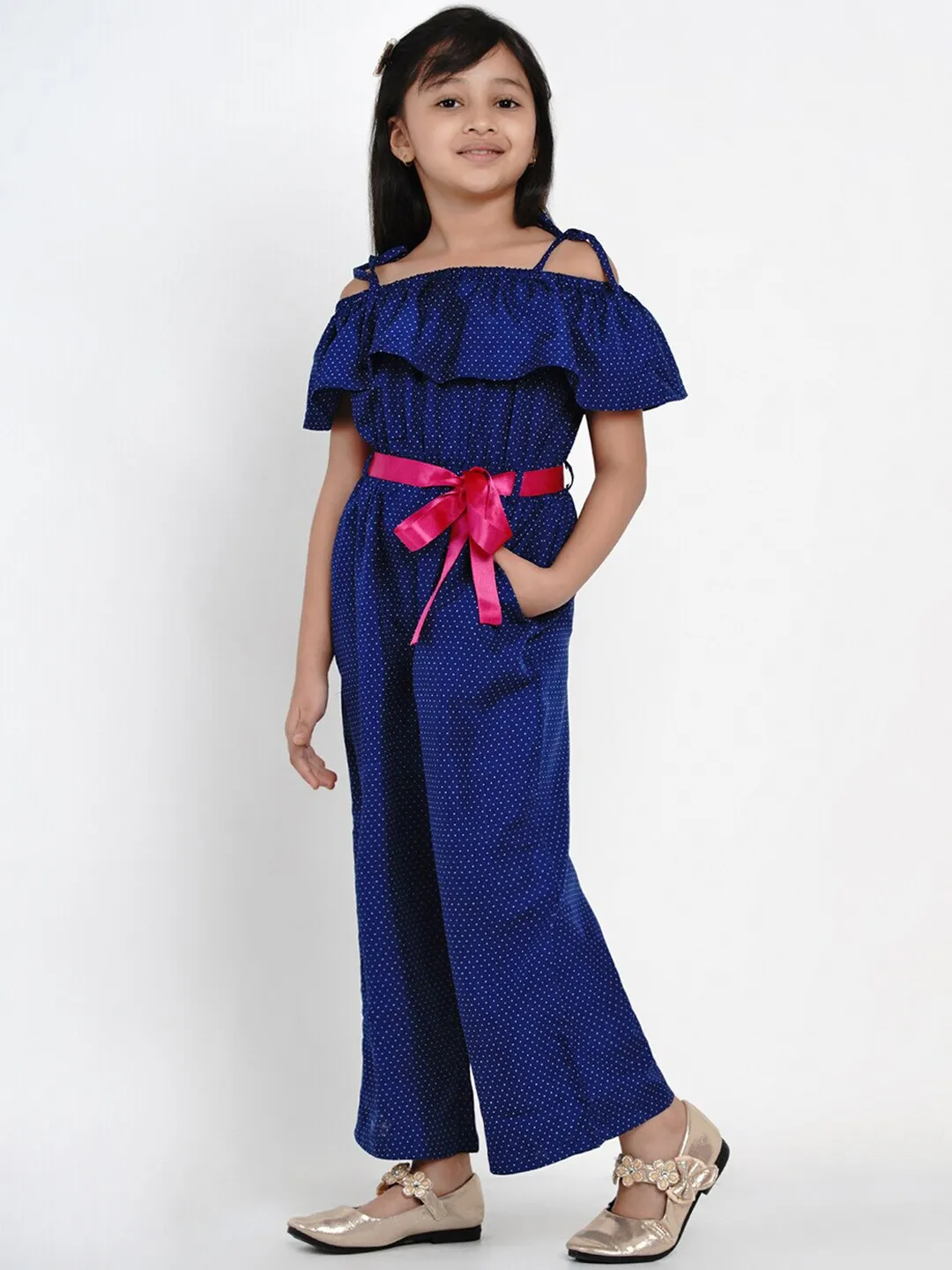 Girl's Blue Self Design Basic Jumpsuit  - NOZ2TOZ KIDS