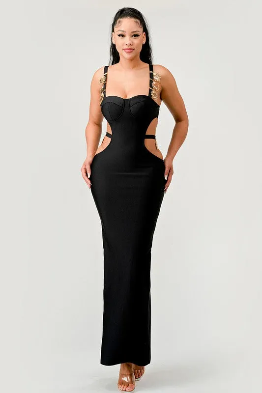 Gold Hearts Side Cut Out Black Bandage Sexy Maxi Dress KESLEY