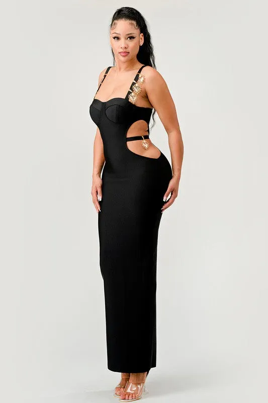 Gold Hearts Side Cut Out Black Bandage Sexy Maxi Dress KESLEY