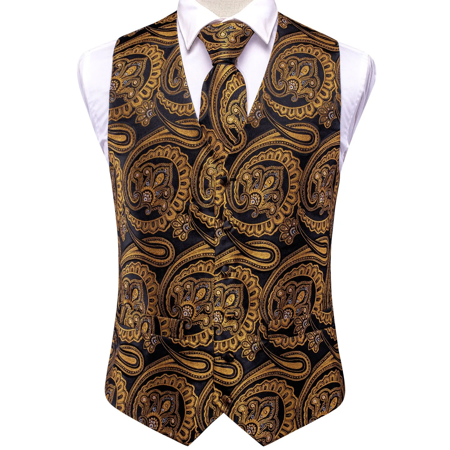 Golden Black Paisley with White Floral Silk Men's Vest Hanky Cufflinks Tie Set Waistcoat Suit Set