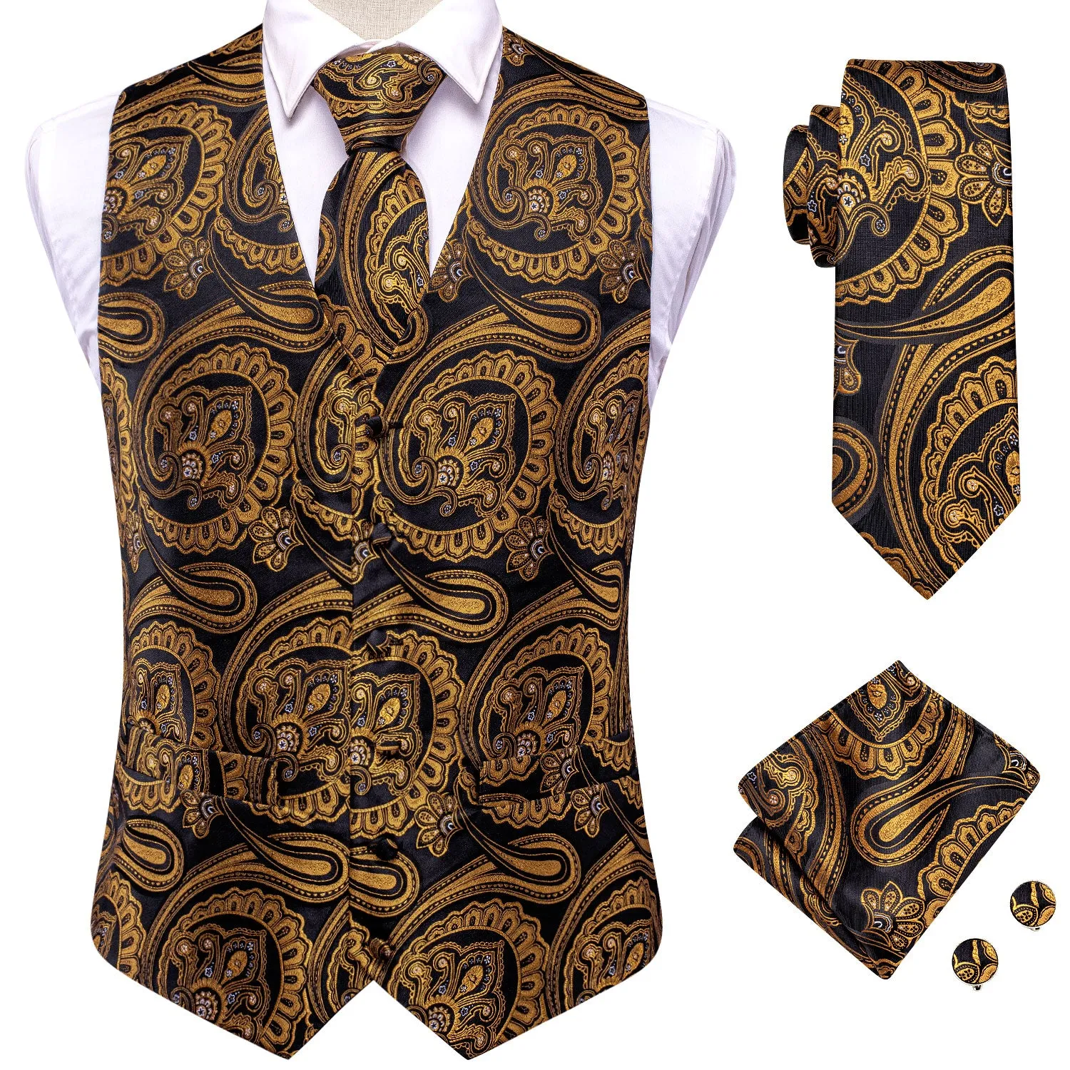 Golden Black Paisley with White Floral Silk Men's Vest Hanky Cufflinks Tie Set Waistcoat Suit Set