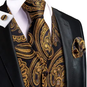 Golden Black Paisley with White Floral Silk Men's Vest Hanky Cufflinks Tie Set Waistcoat Suit Set