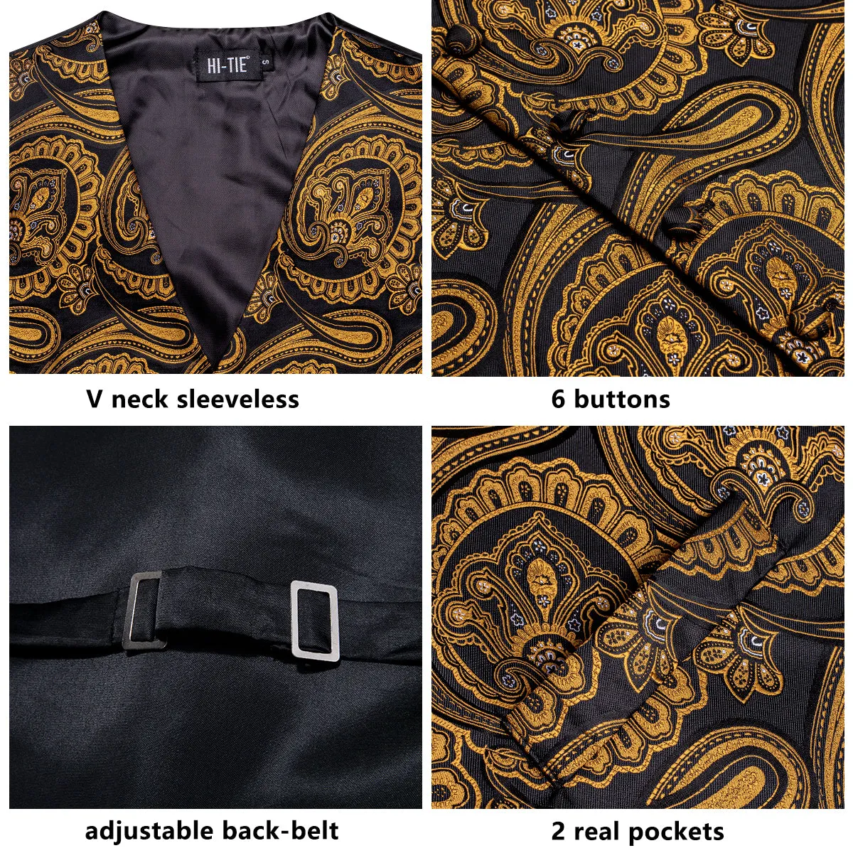 Golden Black Paisley with White Floral Silk Men's Vest Hanky Cufflinks Tie Set Waistcoat Suit Set