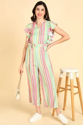 Green Cotton Ruffle Sleeve Striped Jumpsuit