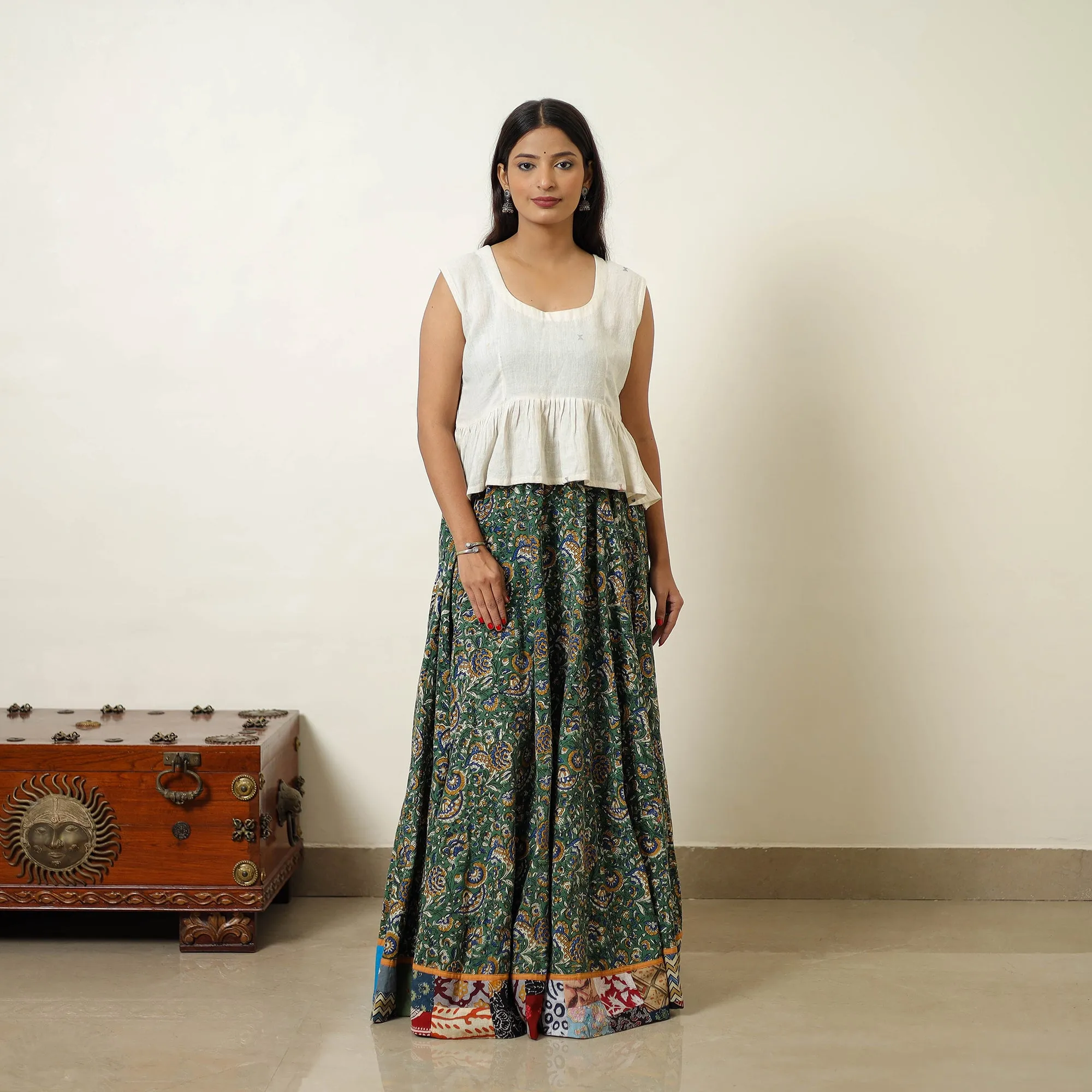 Green - Hand Block Printed Cotton Long Bagru Skirt 10