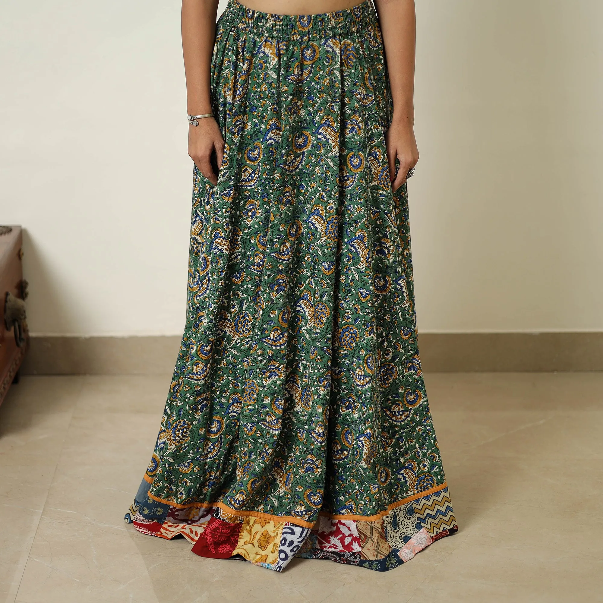 Green - Hand Block Printed Cotton Long Bagru Skirt 10