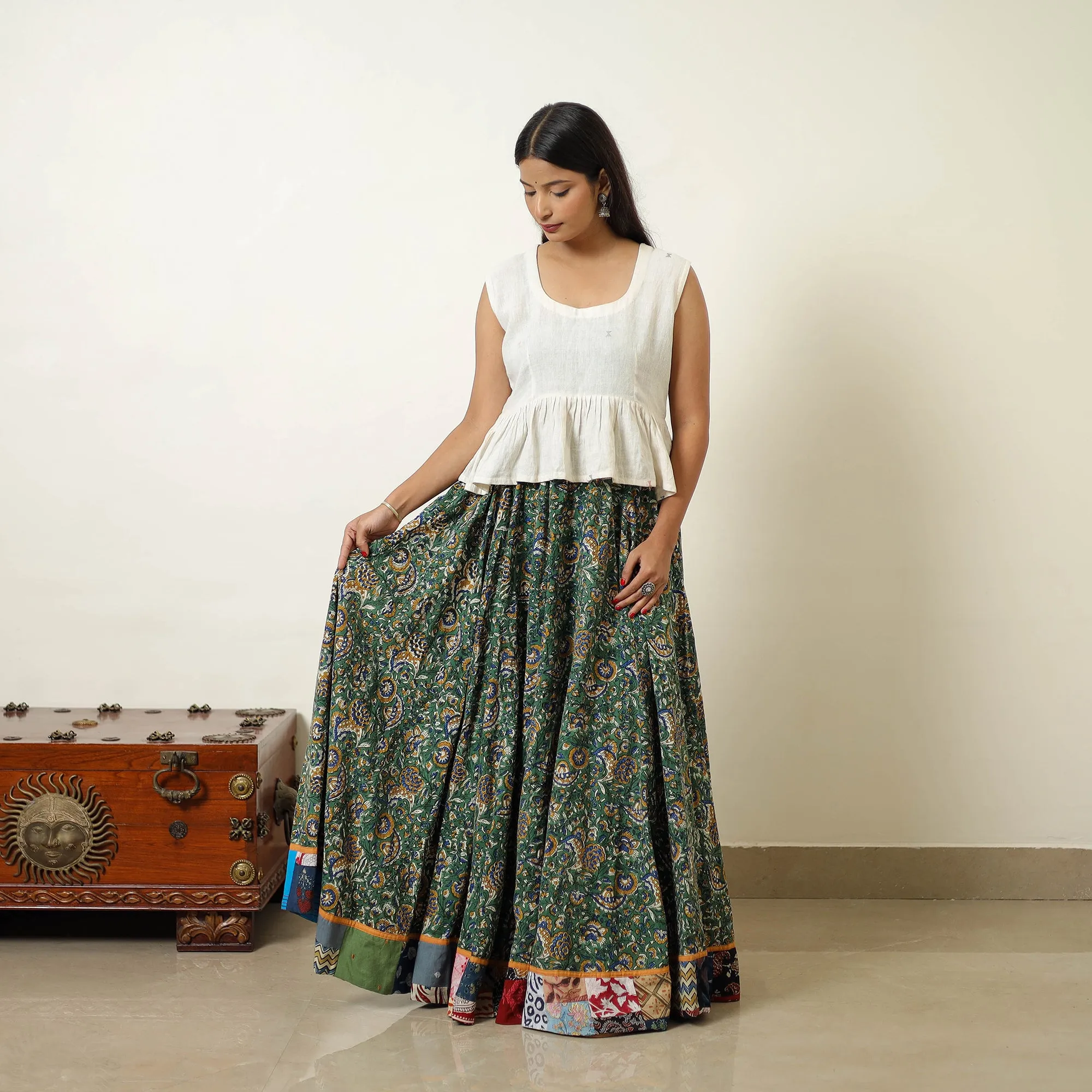 Green - Hand Block Printed Cotton Long Bagru Skirt 10