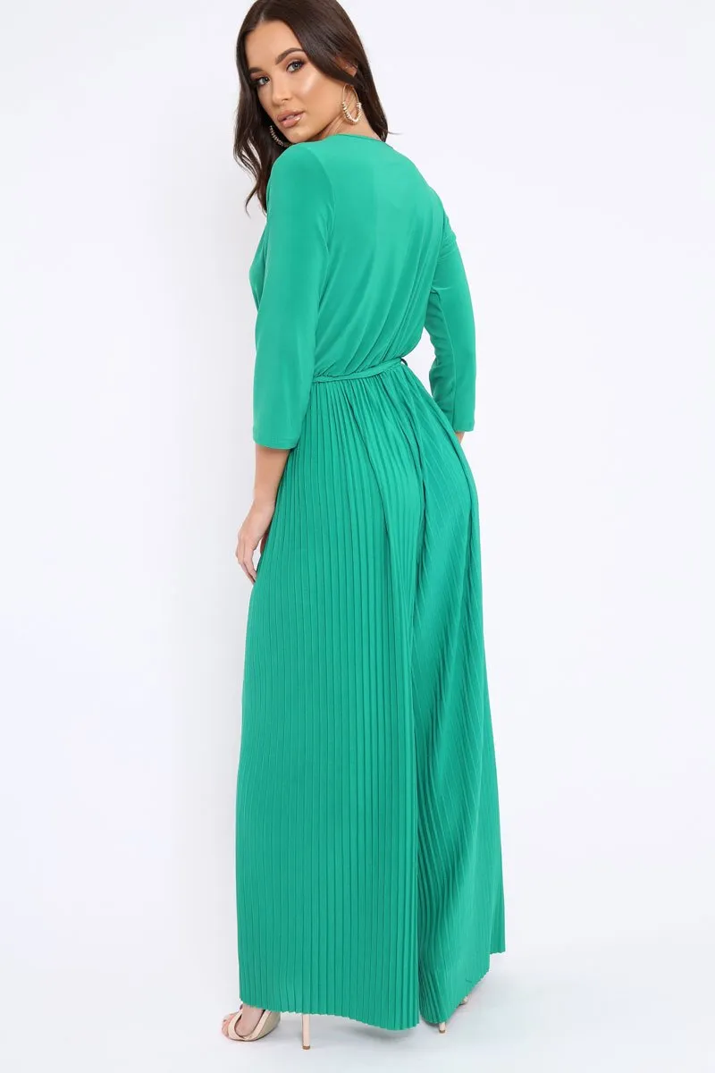 Green Wrap Front Plisse Leg Jumpsuit - Haiden