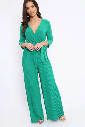 Green Wrap Front Plisse Leg Jumpsuit - Haiden