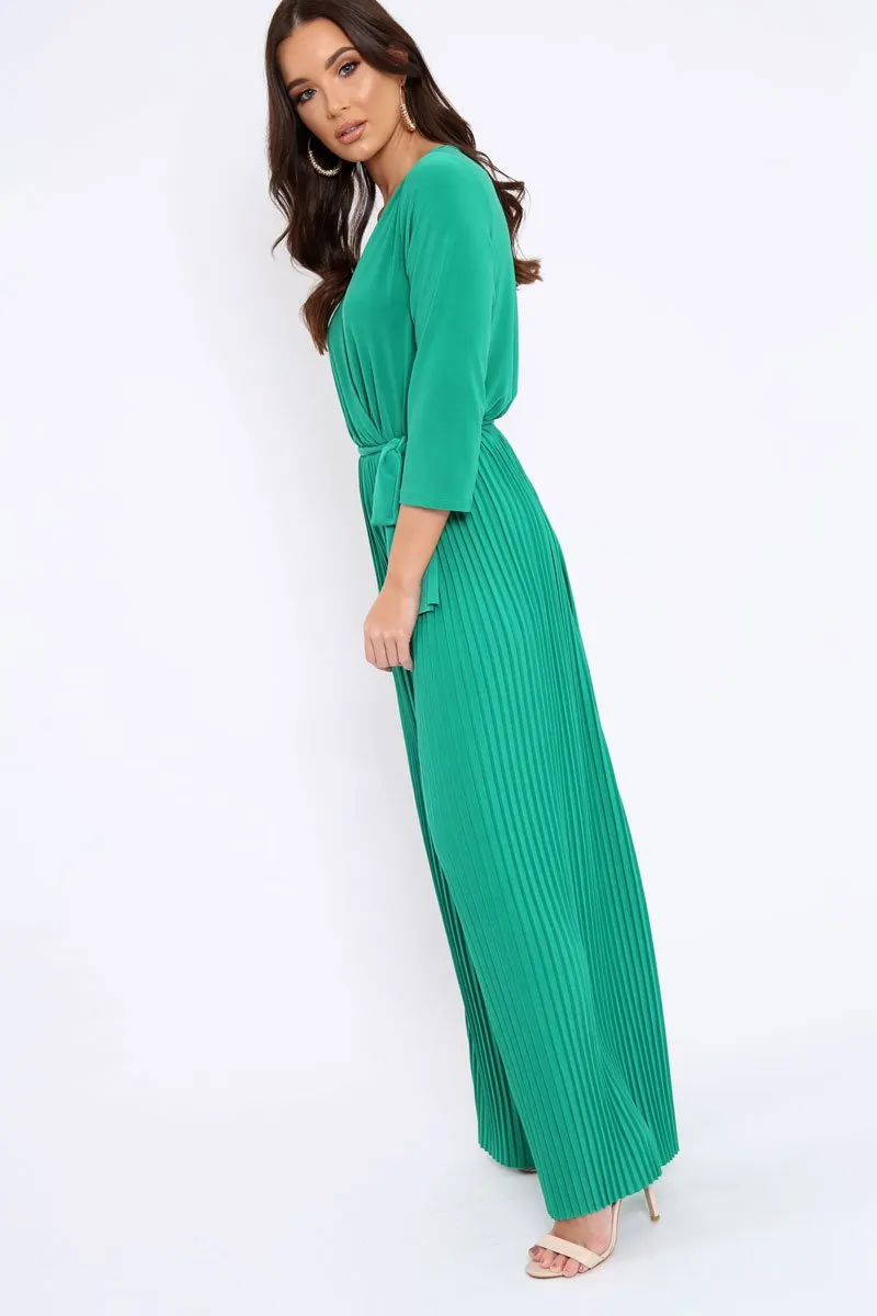 Green Wrap Front Plisse Leg Jumpsuit - Haiden