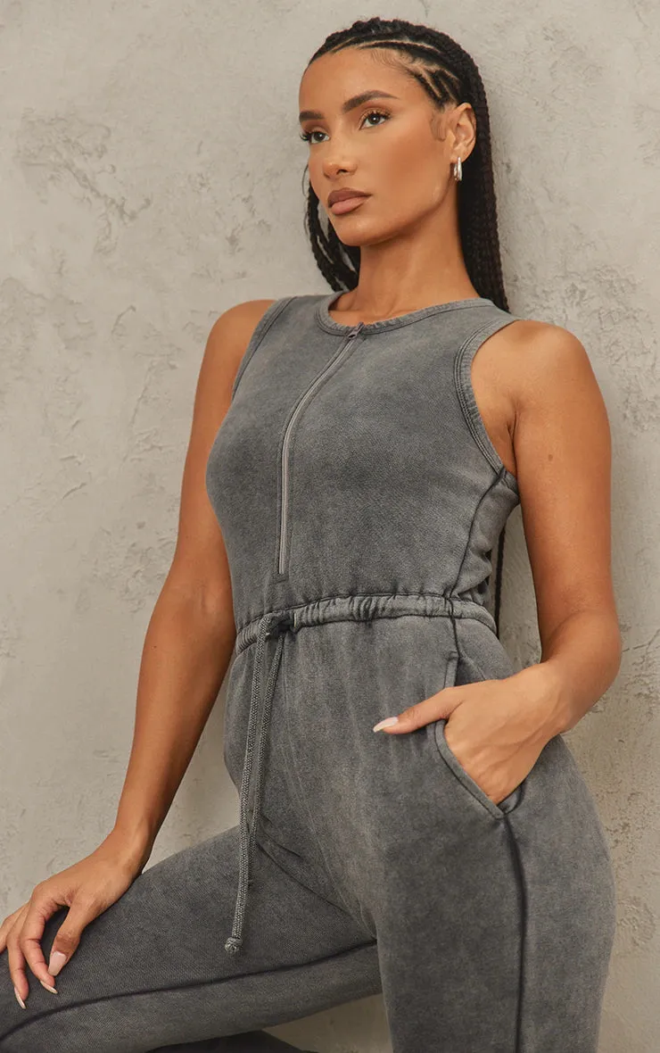 Grey Marl Acid Wash Zip Tie Jumpsuit