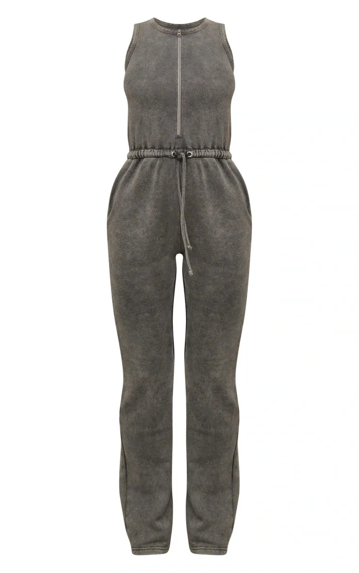 Grey Marl Acid Wash Zip Tie Jumpsuit