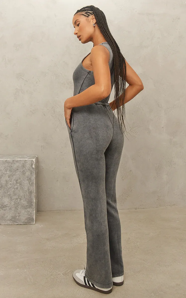 Grey Marl Acid Wash Zip Tie Jumpsuit