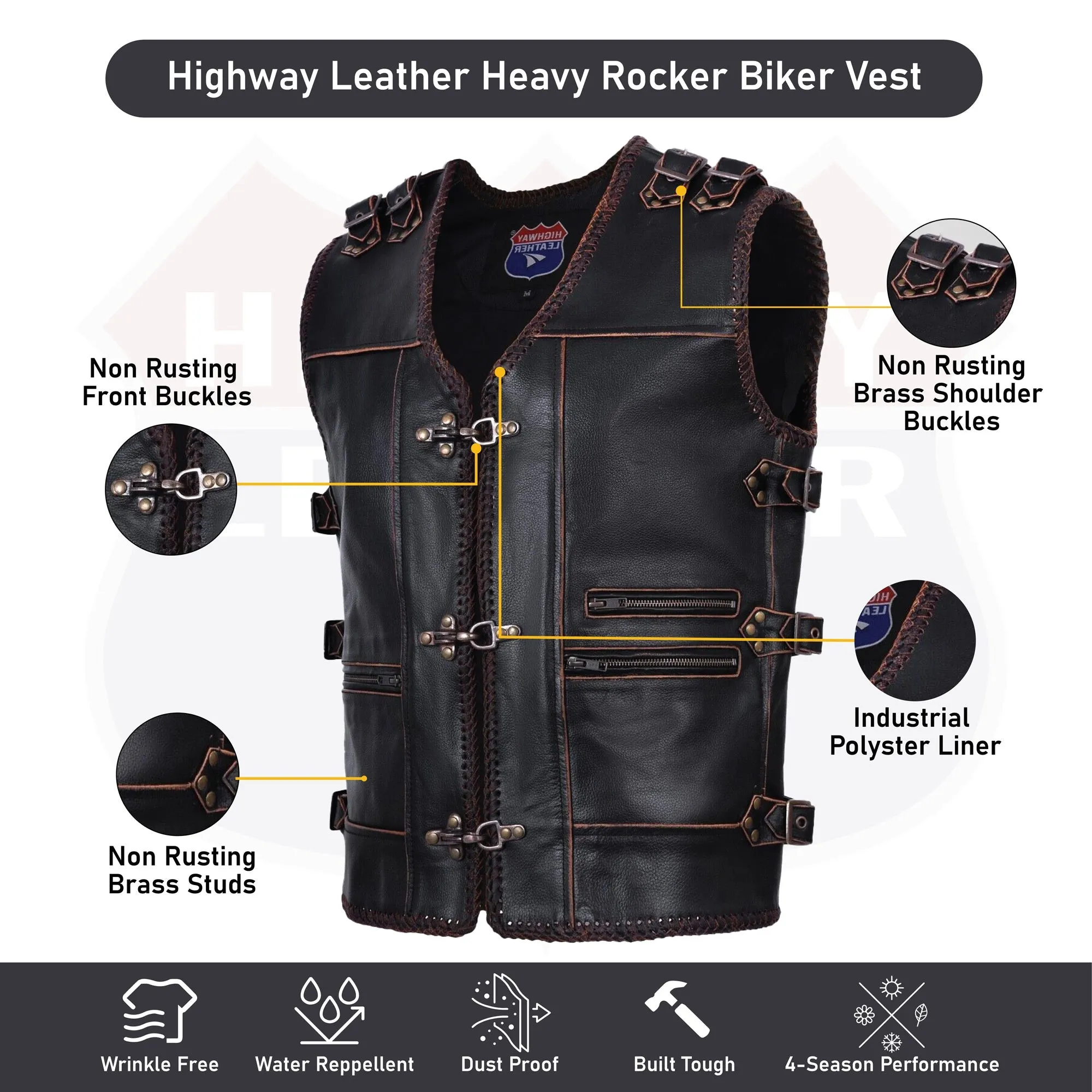 HL11699BROWN Men Genuine Cow Leather Heavy Metal Zipper Buckled Rocker Braided Vest-Rocker biker Waistcoat