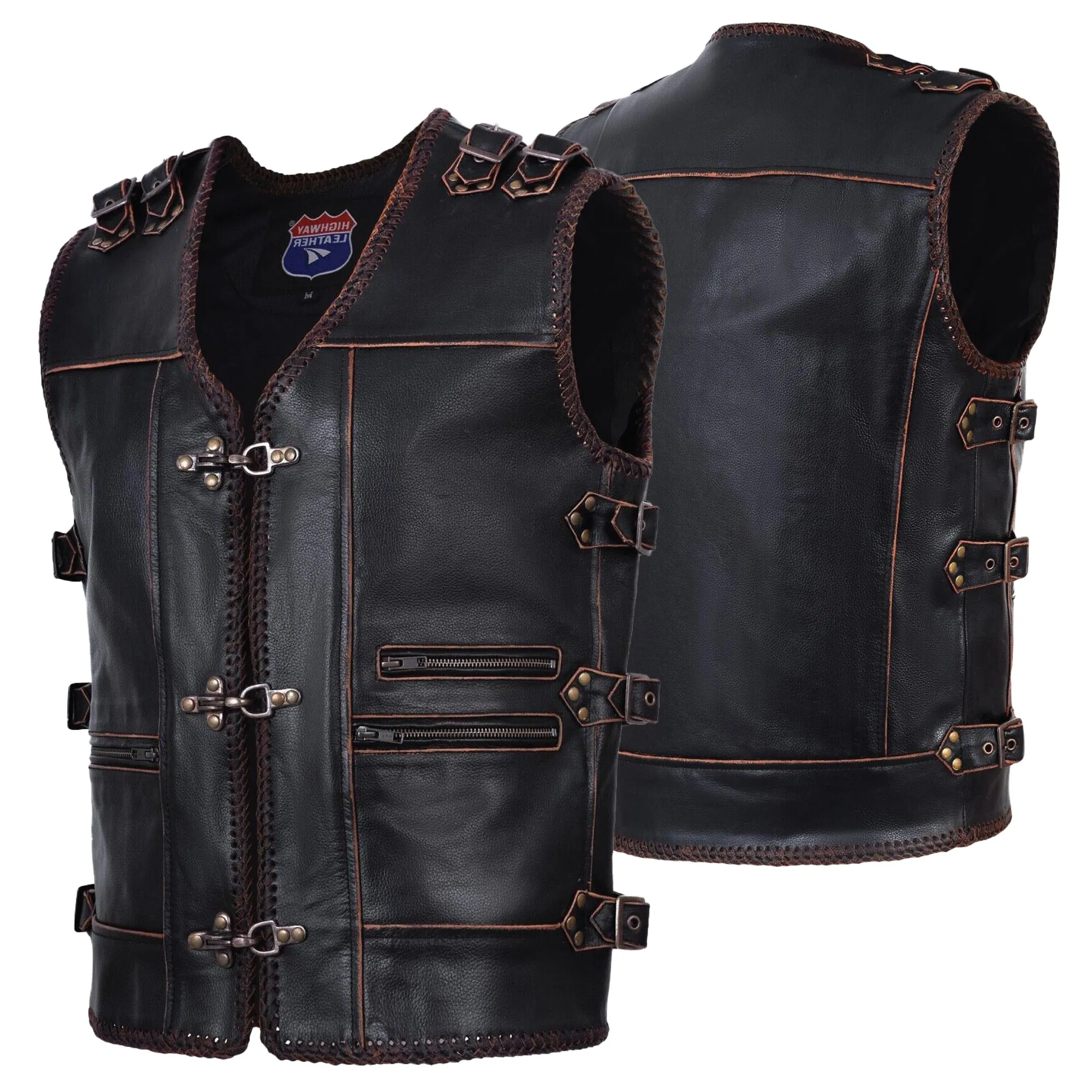 HL11699BROWN Men Genuine Cow Leather Heavy Metal Zipper Buckled Rocker Braided Vest-Rocker biker Waistcoat