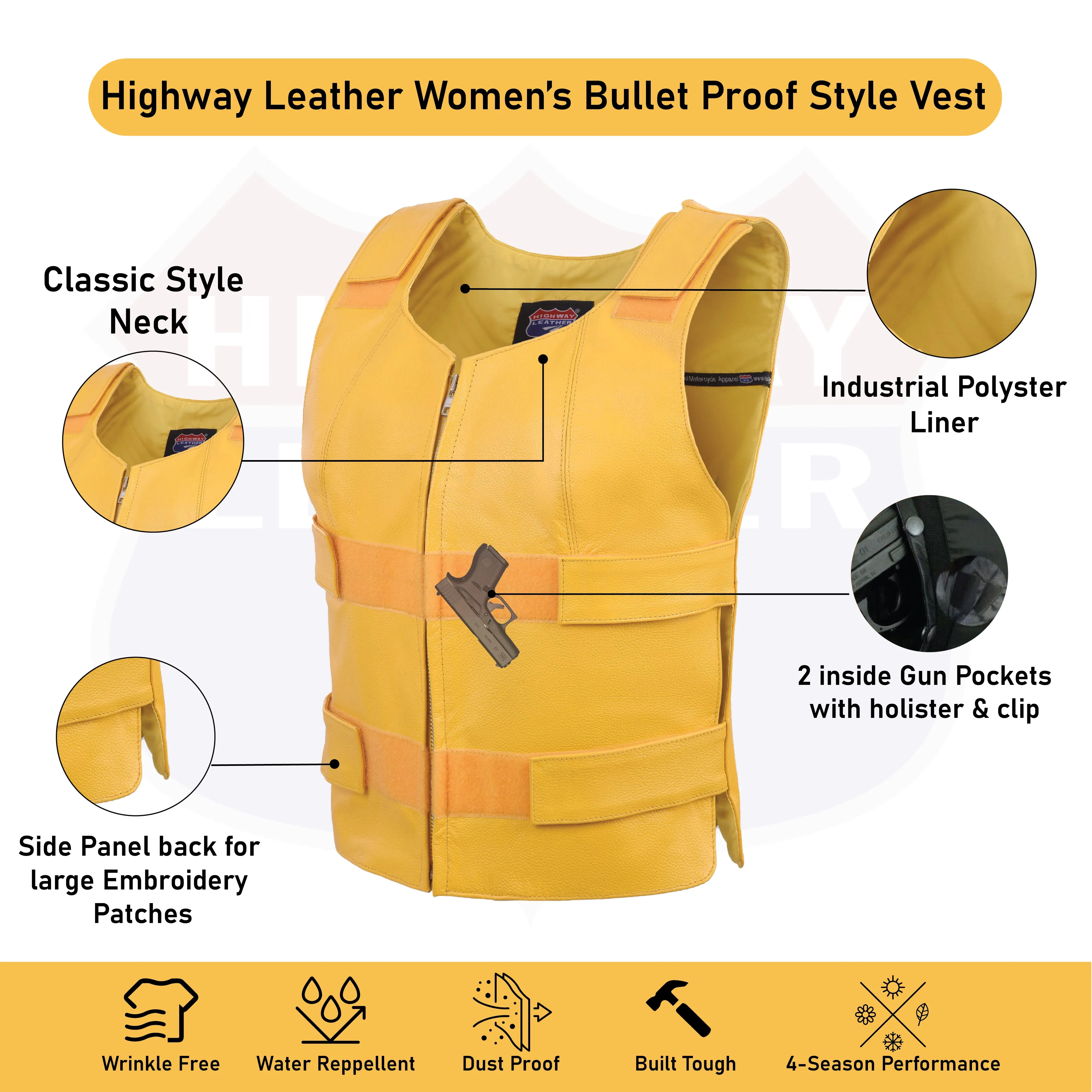 HL14945YELLOW Women Yellow bullet proof style leather vest- for biker club