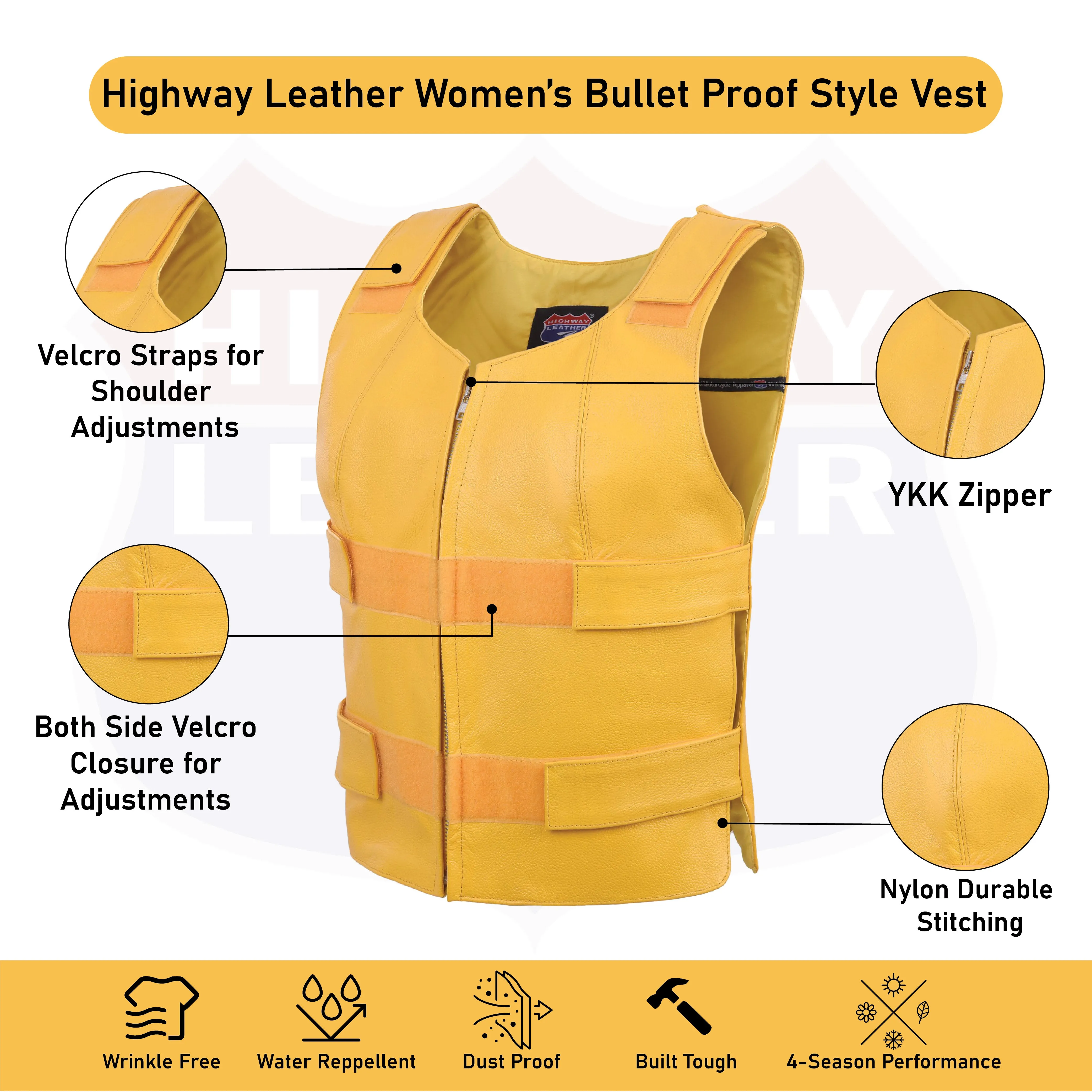 HL14945YELLOW Women Yellow bullet proof style leather vest- for biker club