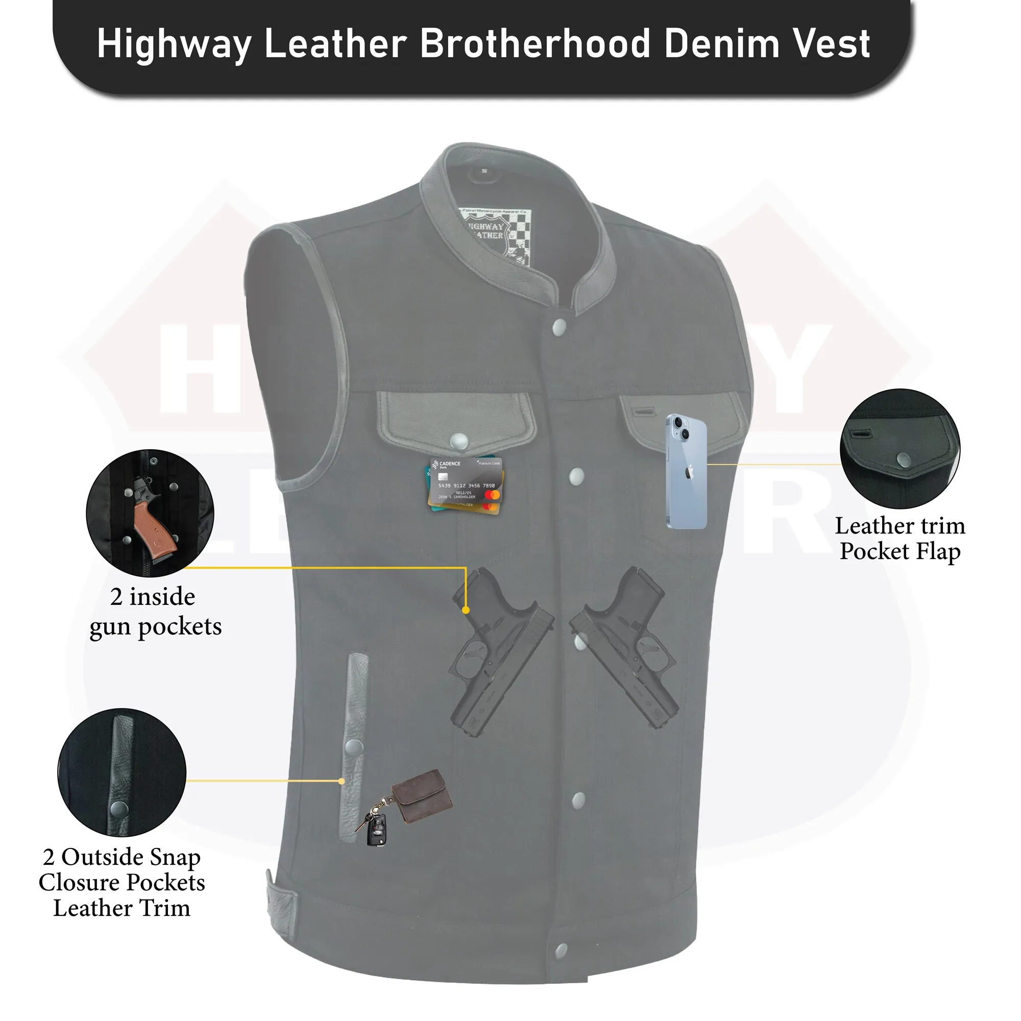 HL21689BLACK Biker Denim Club Style Anarchy BLACK Vest with Conceal Carry Pockets both sides