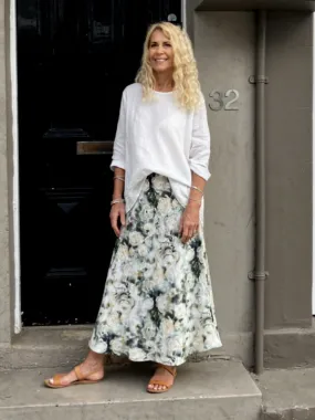 Jiva Midi Linen Prudence Skirt- White Rose Print