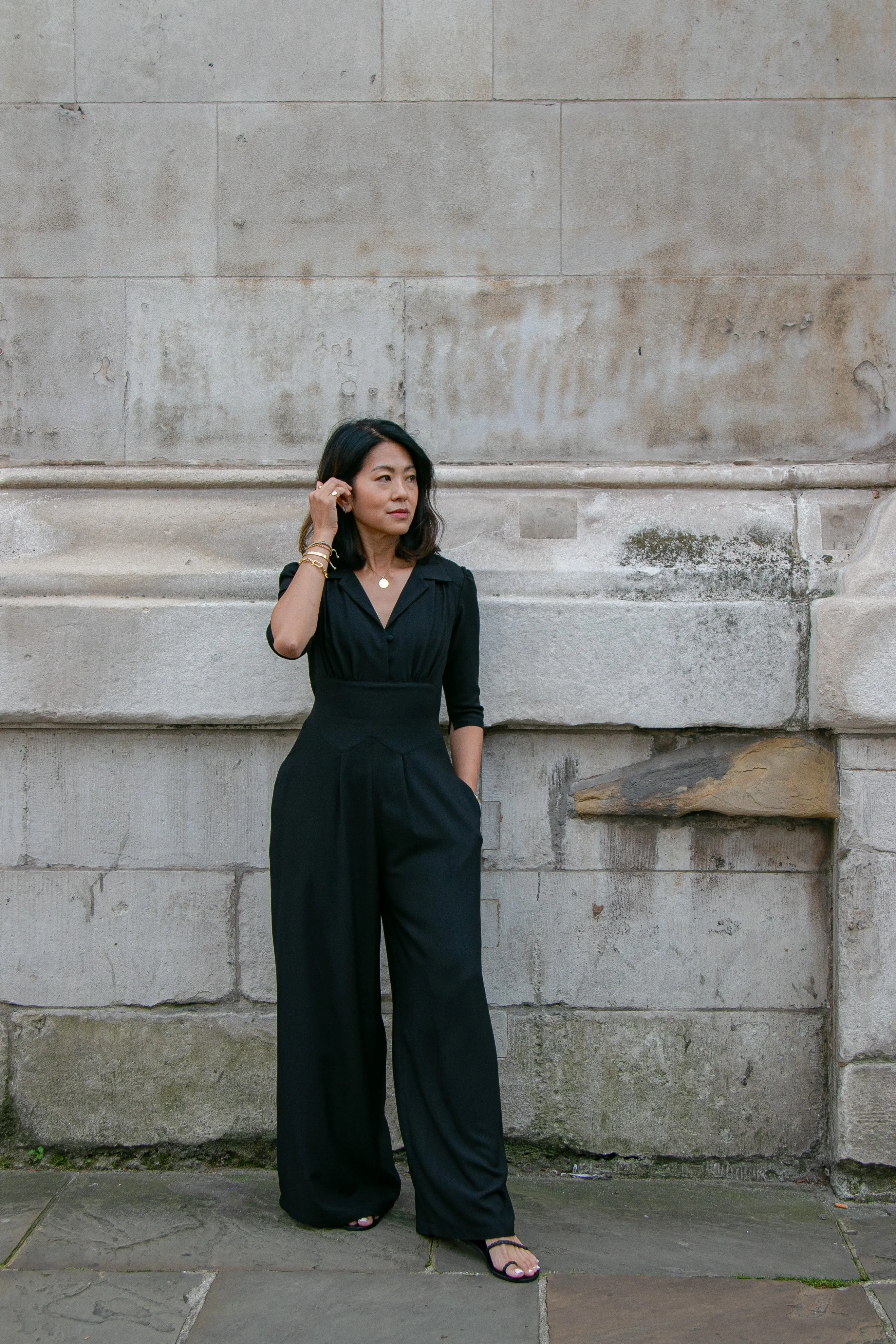 Jumpsuit in black soft crepe by Elaine Bernstein