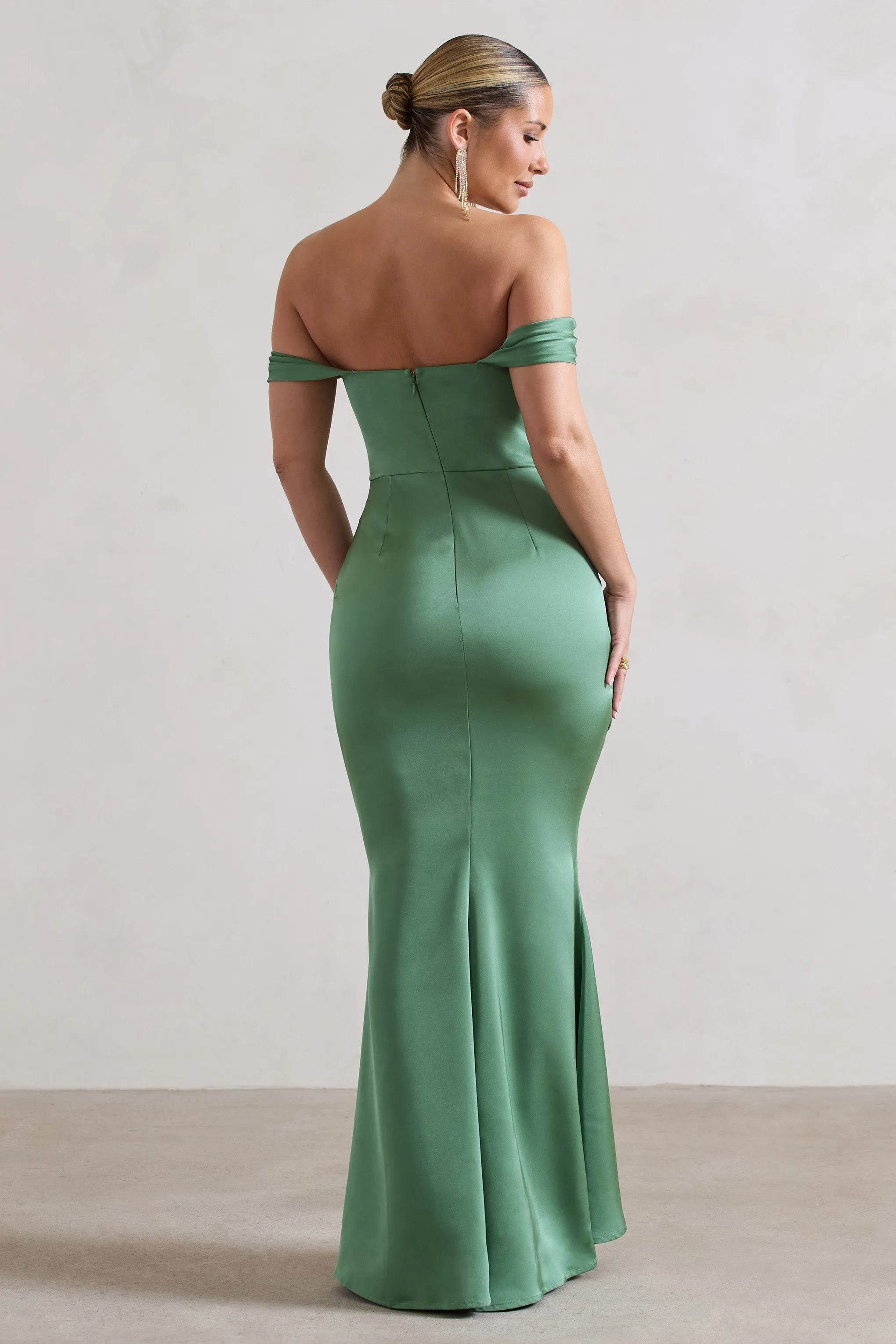 Katia | Soft Green Satin Bardot Fishtail Maxi Dress