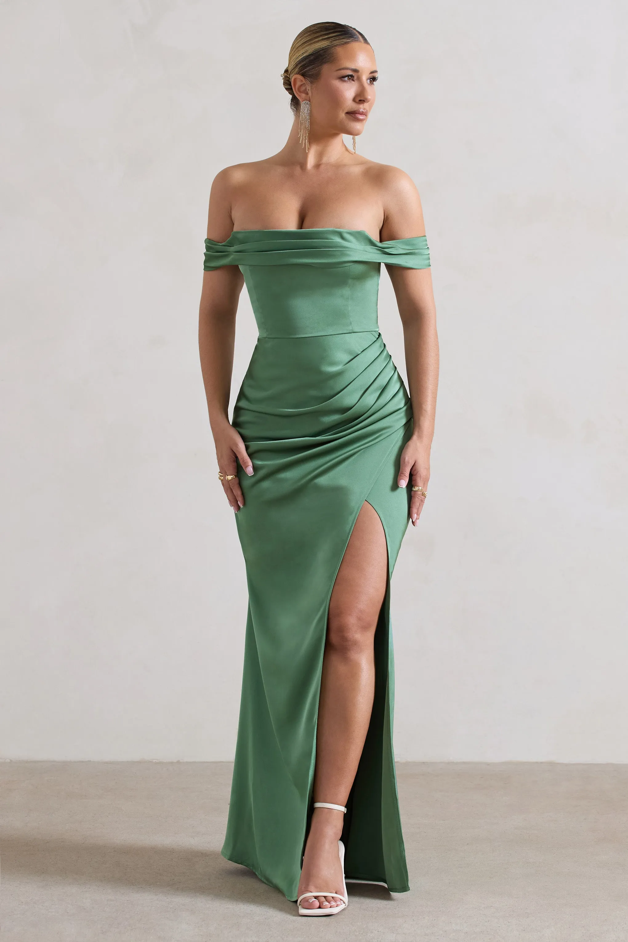 Katia | Soft Green Satin Bardot Fishtail Maxi Dress