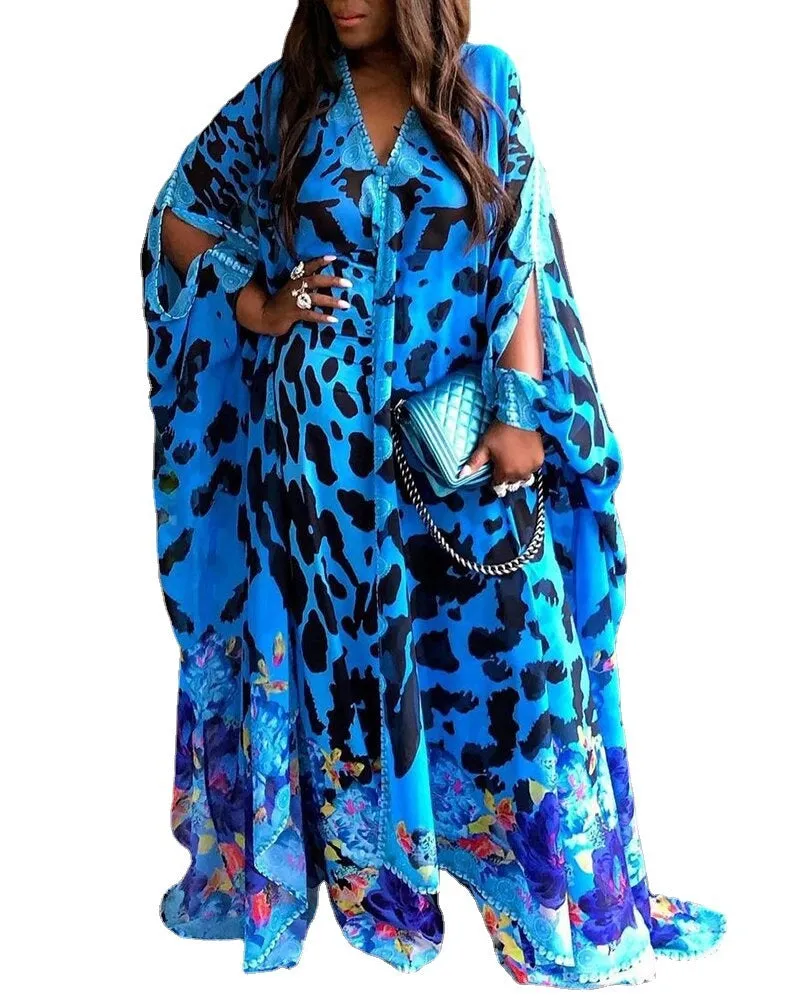 Large Size Women's Printed Loose High Waist Temperament Commuter Blue Maxi Dress