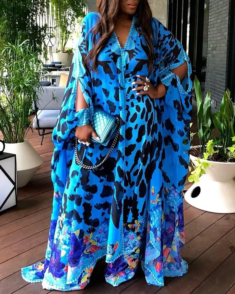 Large Size Women's Printed Loose High Waist Temperament Commuter Blue Maxi Dress