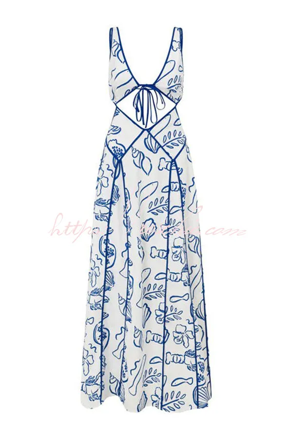 Love The Coastline Linen Blend Unique Print Cutout Tie-up Backless Maxi Dress