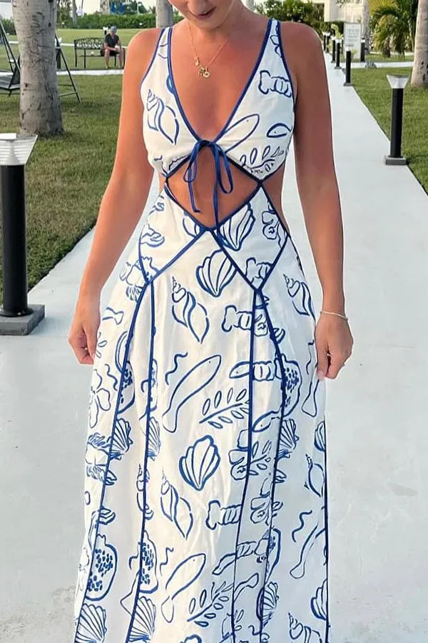 Love The Coastline Linen Blend Unique Print Cutout Tie-up Backless Maxi Dress