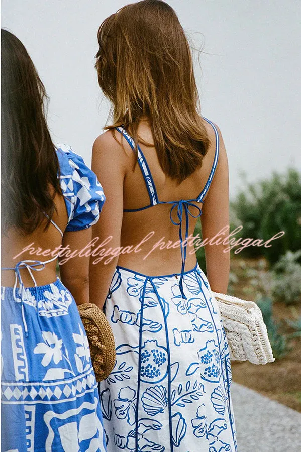 Love The Coastline Linen Blend Unique Print Cutout Tie-up Backless Maxi Dress