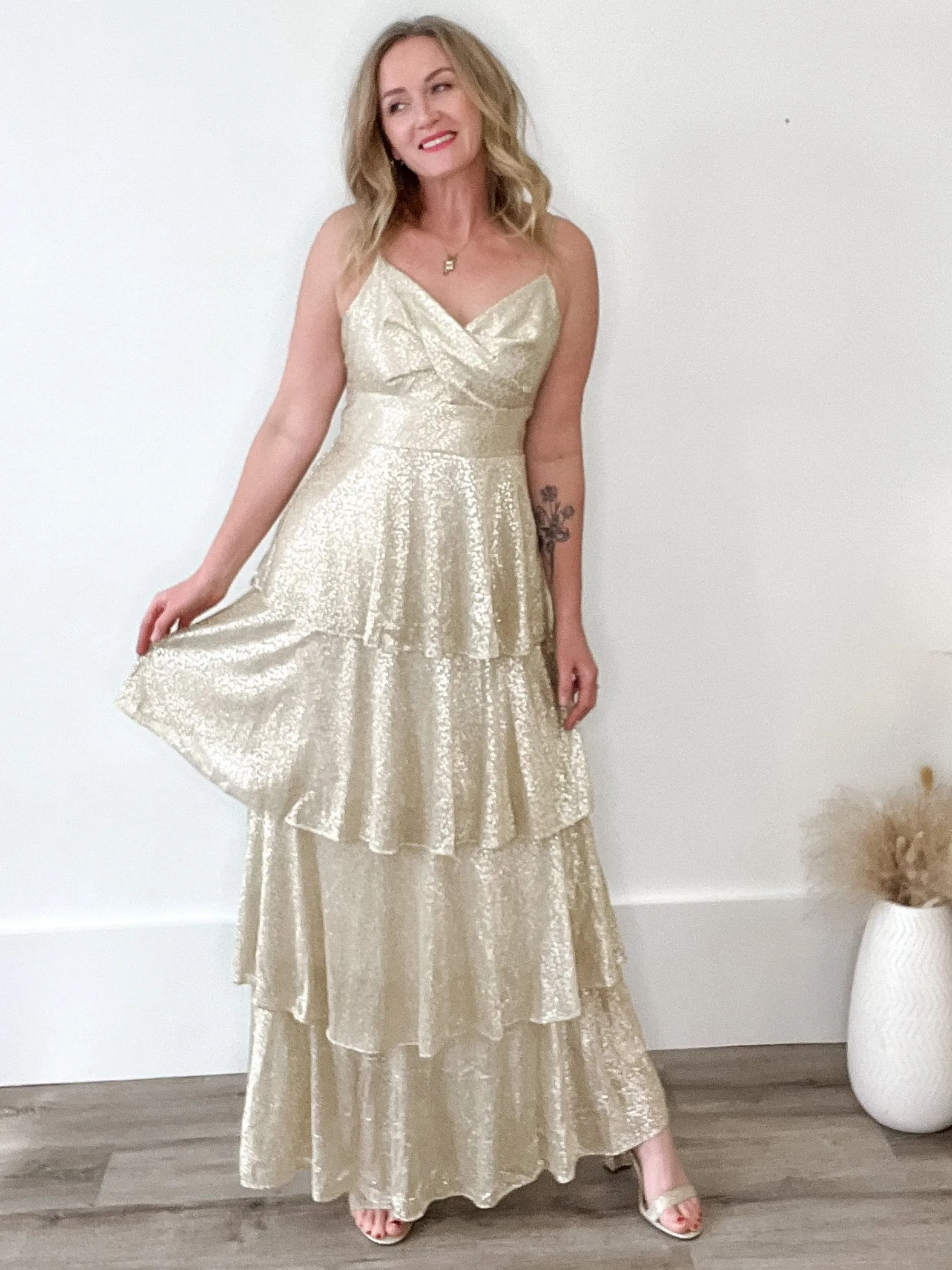 Lurex Gold Tiered Maxi Dress