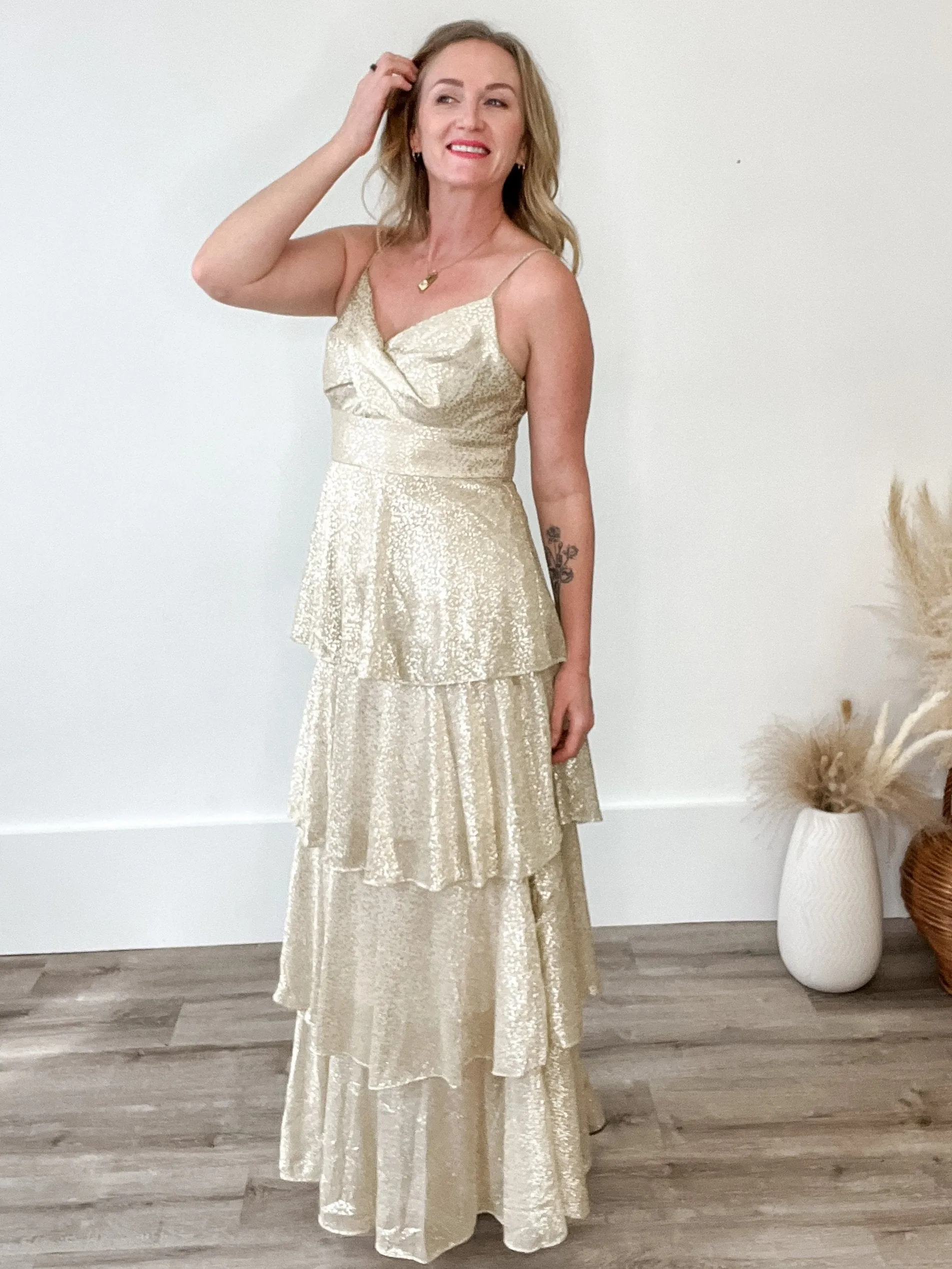 Lurex Gold Tiered Maxi Dress