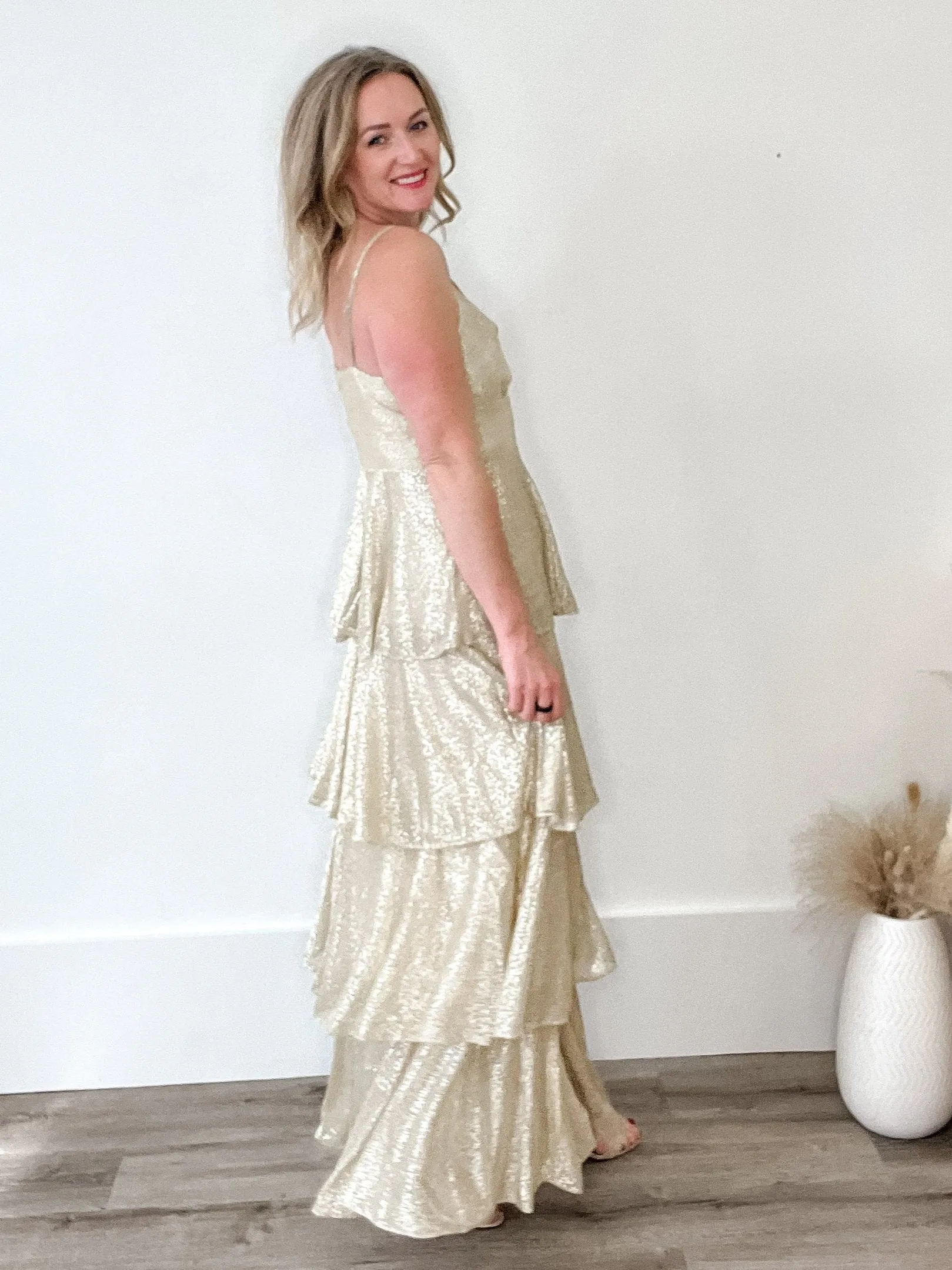 Lurex Gold Tiered Maxi Dress