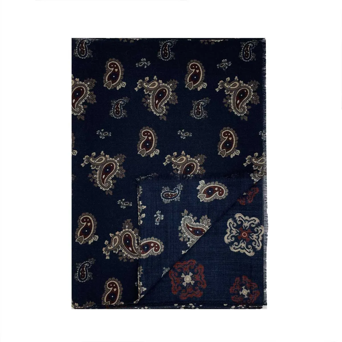 MALVA - Blue paisley, floral and dots wool hand made scarf