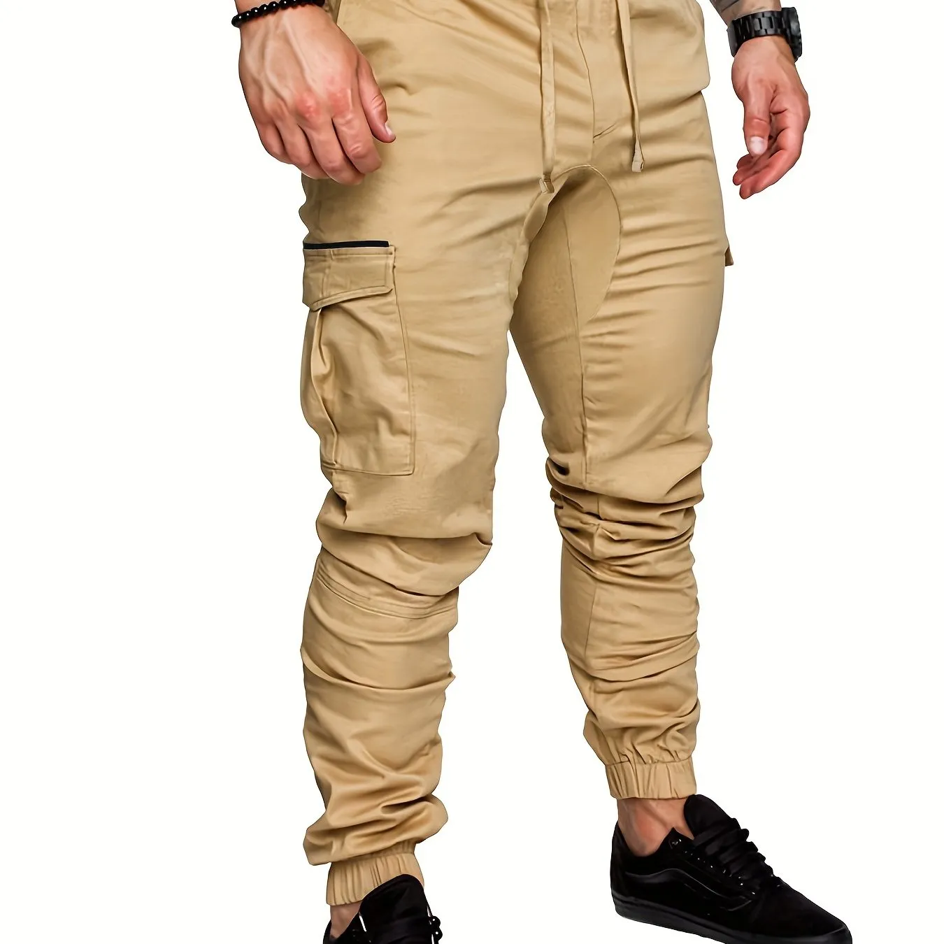 Mens Comfortable Woven Joggers with Flap Pockets - Stylish Cargo Pants for All-Season Outdoor Adventures - Adjustable Drawstring Waist