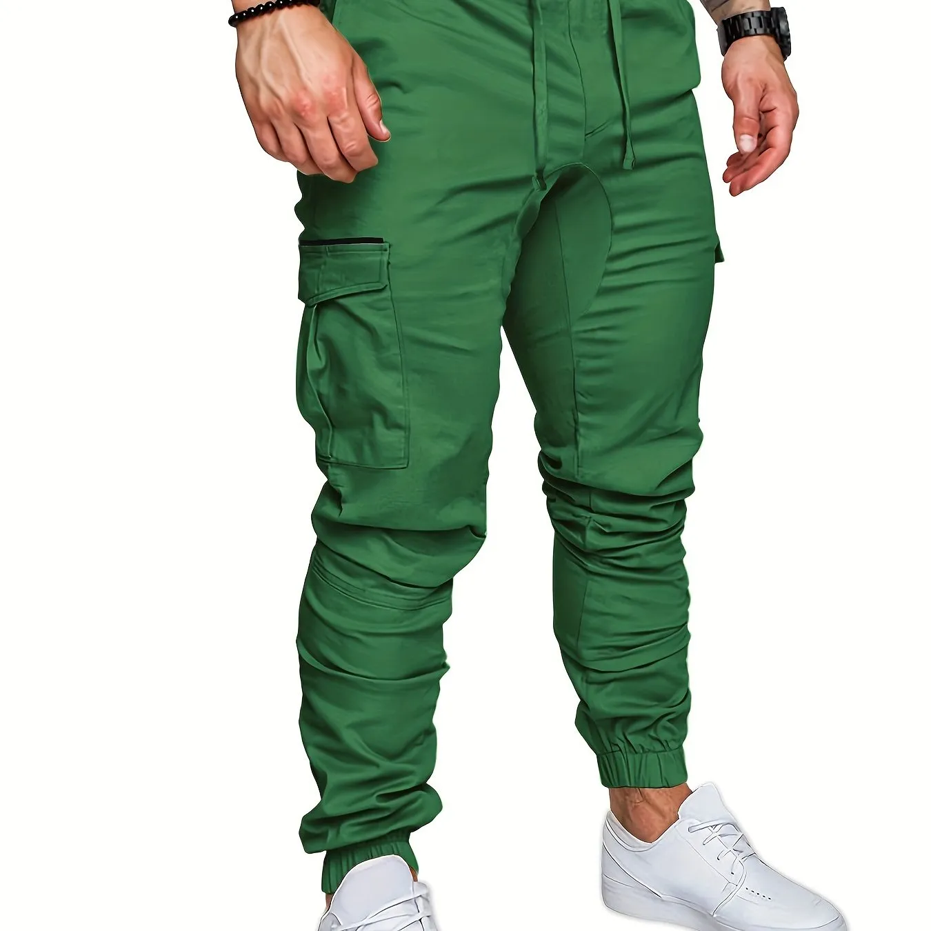 Mens Comfortable Woven Joggers with Flap Pockets - Stylish Cargo Pants for All-Season Outdoor Adventures - Adjustable Drawstring Waist