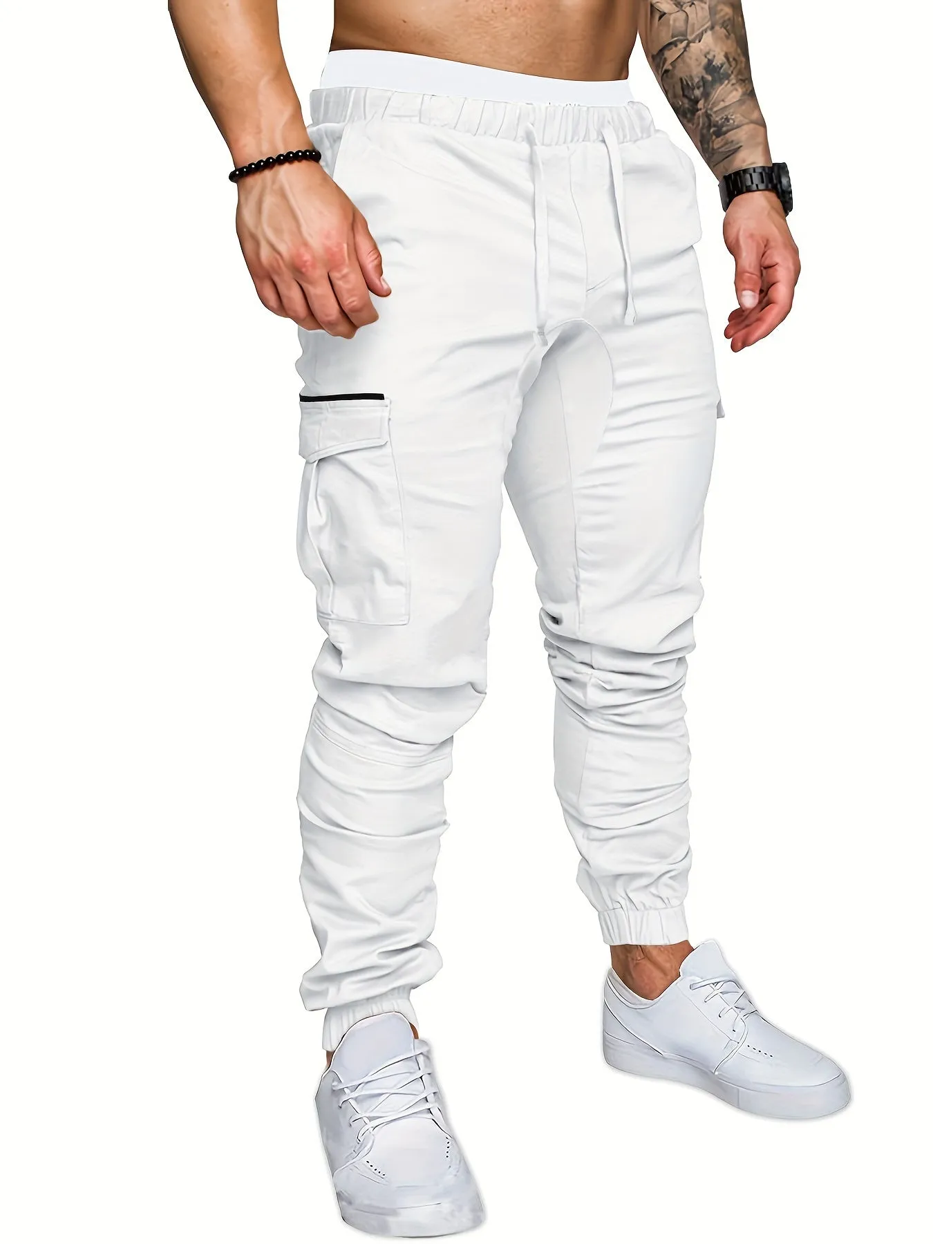 Mens Comfortable Woven Joggers with Flap Pockets - Stylish Cargo Pants for All-Season Outdoor Adventures - Adjustable Drawstring Waist