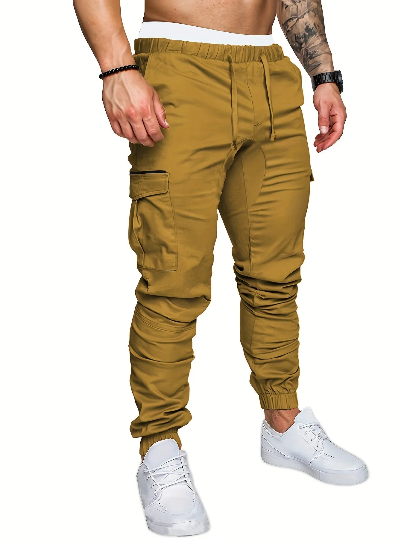 Mens Comfortable Woven Joggers with Flap Pockets - Stylish Cargo Pants for All-Season Outdoor Adventures - Adjustable Drawstring Waist