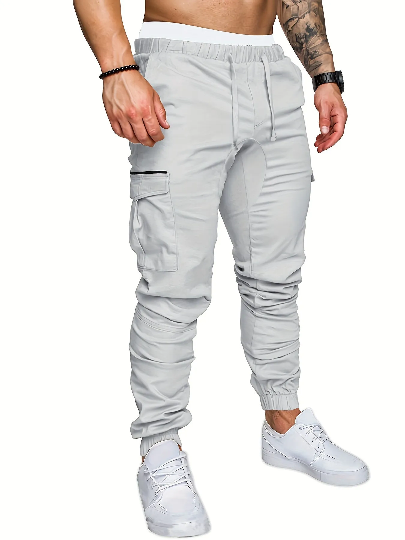 Mens Comfortable Woven Joggers with Flap Pockets - Stylish Cargo Pants for All-Season Outdoor Adventures - Adjustable Drawstring Waist