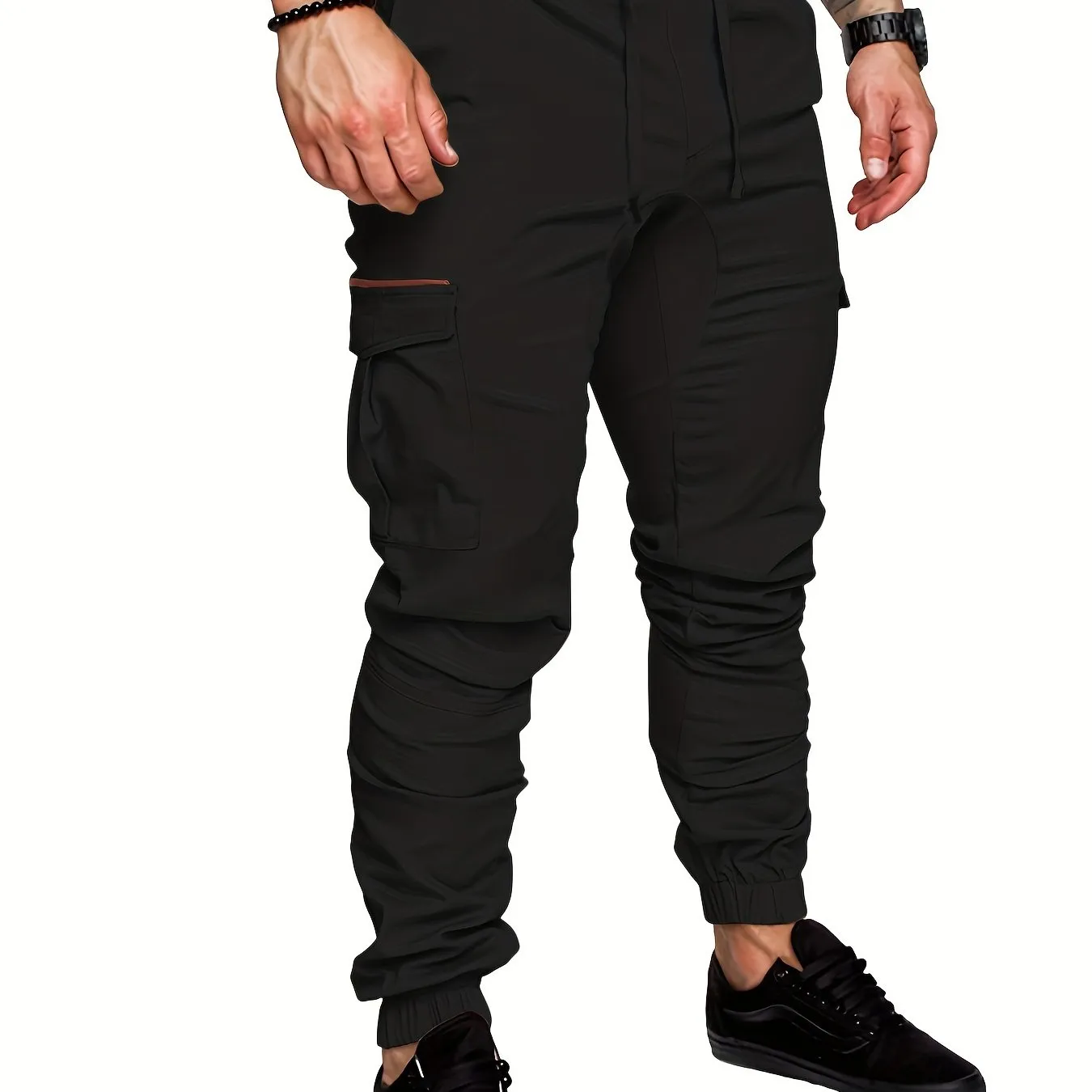 Mens Comfortable Woven Joggers with Flap Pockets - Stylish Cargo Pants for All-Season Outdoor Adventures - Adjustable Drawstring Waist