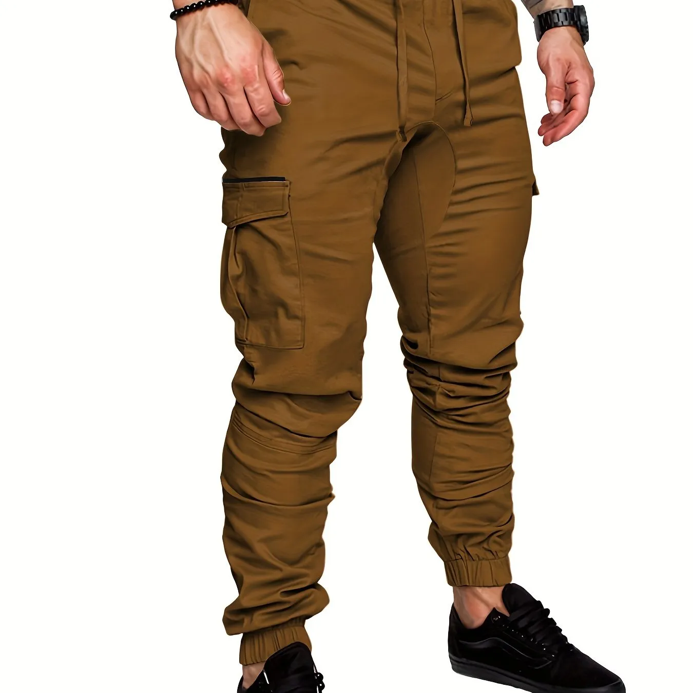 Mens Comfortable Woven Joggers with Flap Pockets - Stylish Cargo Pants for All-Season Outdoor Adventures - Adjustable Drawstring Waist