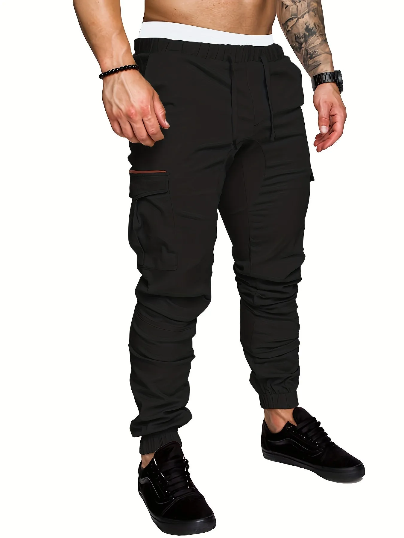 Mens Comfortable Woven Joggers with Flap Pockets - Stylish Cargo Pants for All-Season Outdoor Adventures - Adjustable Drawstring Waist