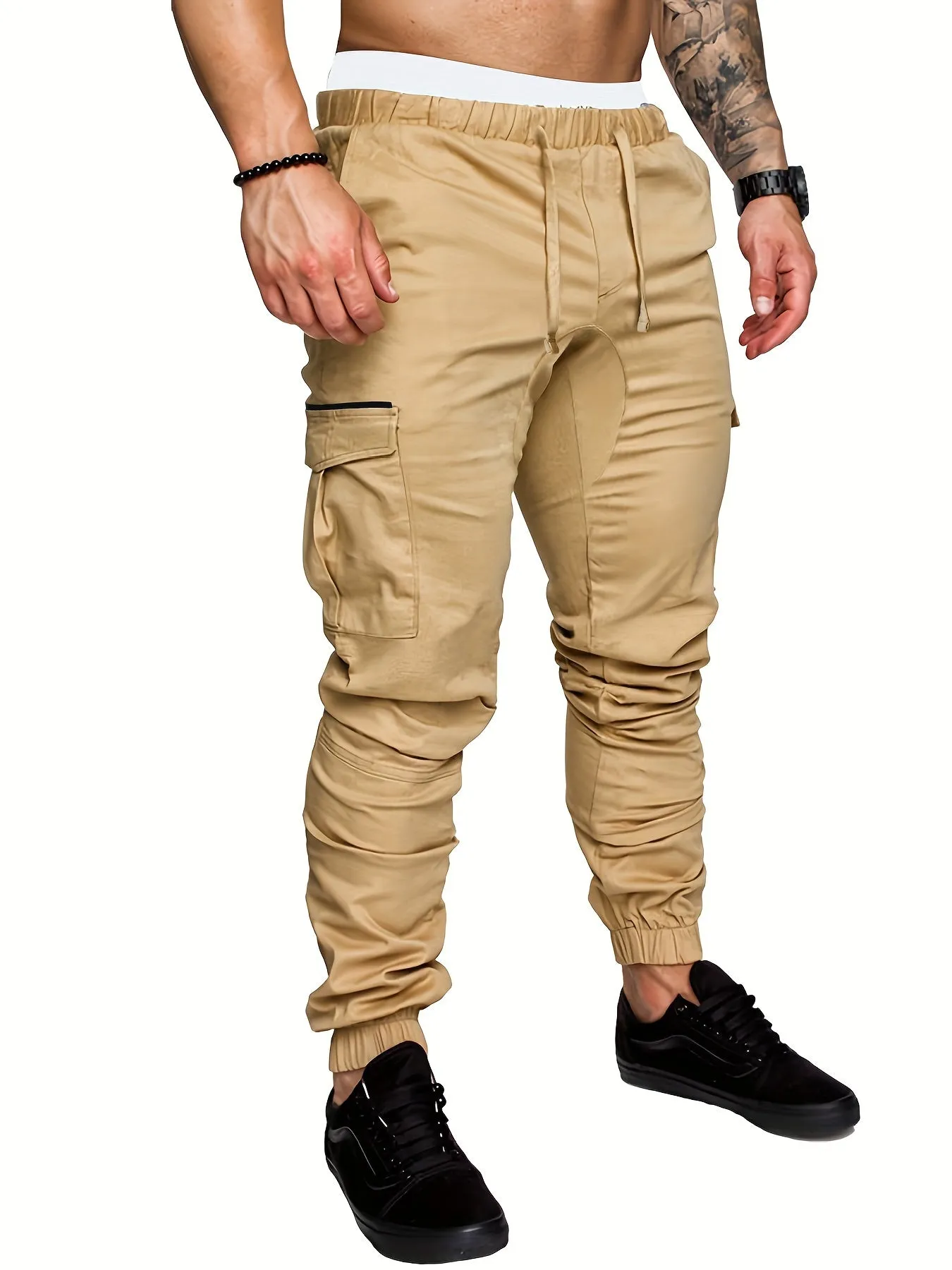 Mens Comfortable Woven Joggers with Flap Pockets - Stylish Cargo Pants for All-Season Outdoor Adventures - Adjustable Drawstring Waist