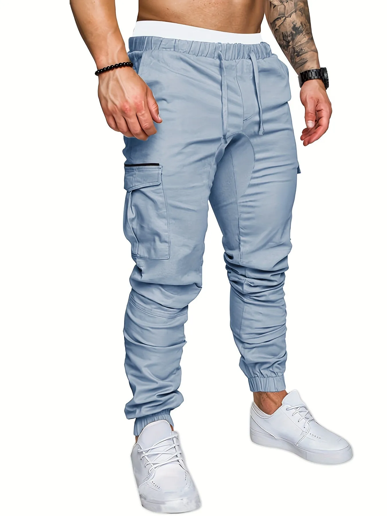 Mens Comfortable Woven Joggers with Flap Pockets - Stylish Cargo Pants for All-Season Outdoor Adventures - Adjustable Drawstring Waist