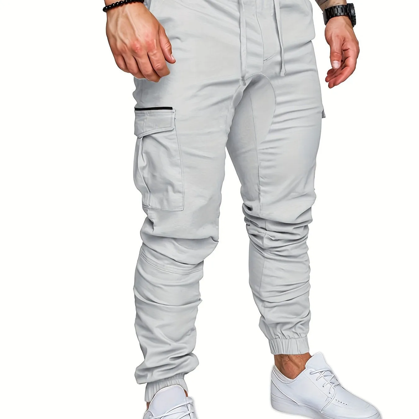 Mens Comfortable Woven Joggers with Flap Pockets - Stylish Cargo Pants for All-Season Outdoor Adventures - Adjustable Drawstring Waist