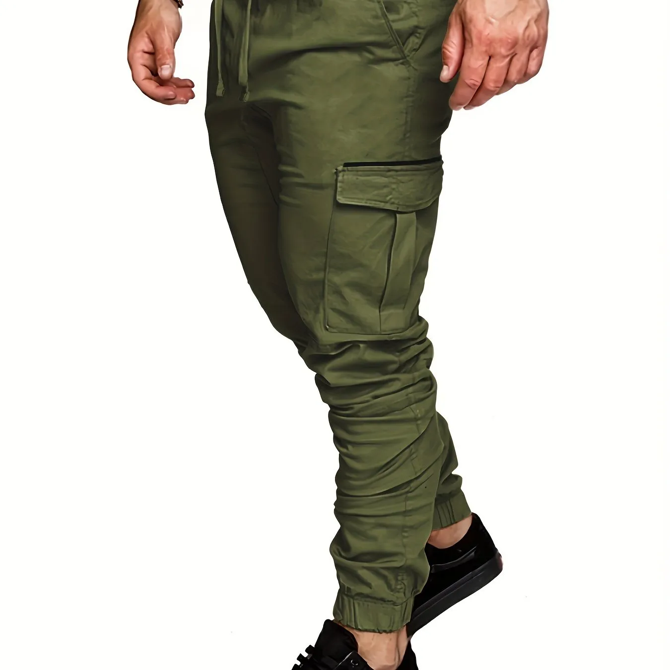 Mens Comfortable Woven Joggers with Flap Pockets - Stylish Cargo Pants for All-Season Outdoor Adventures - Adjustable Drawstring Waist